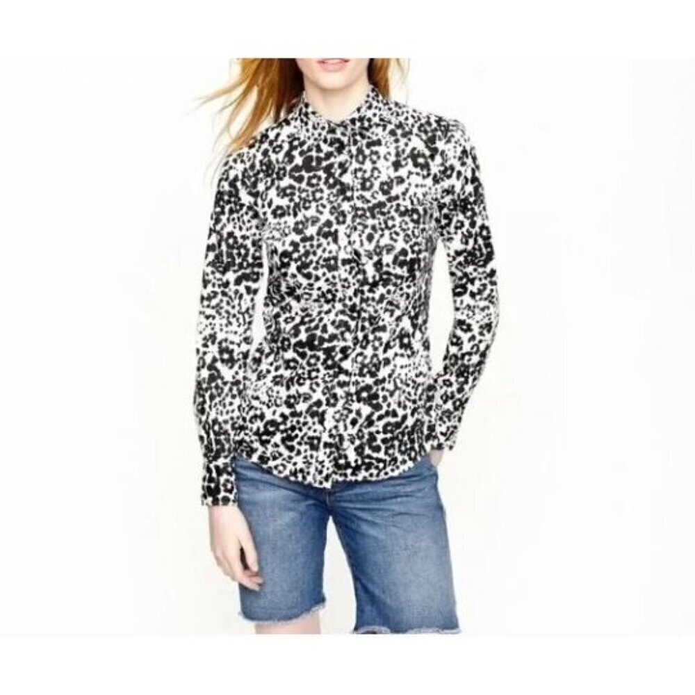 J Crew Top Womens 12 Black White Snow Leopard Boy Fit Button Up Long Sleeve Boho
